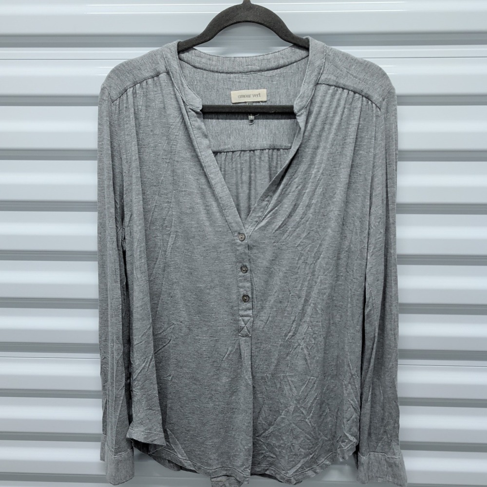 Amour Vert Size L Womens Grey Modal Blend Henley Long Sleeve V-Neck Top Blouse — photo 2